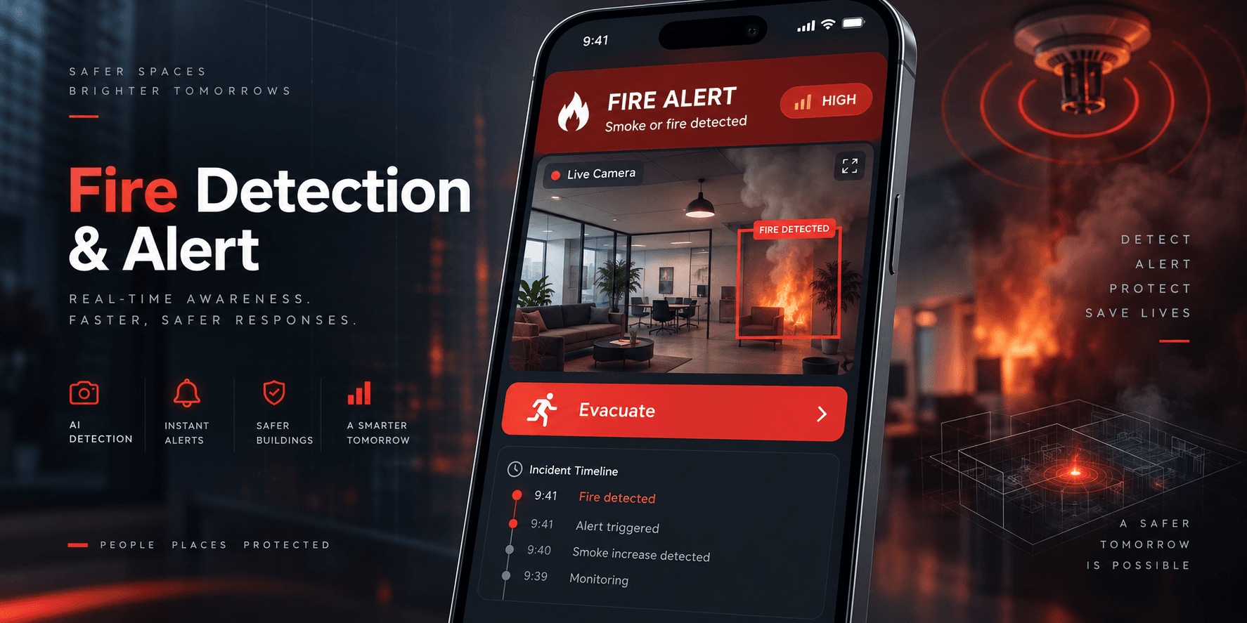 Fire detection app project artwork showing a mobile fire alert
