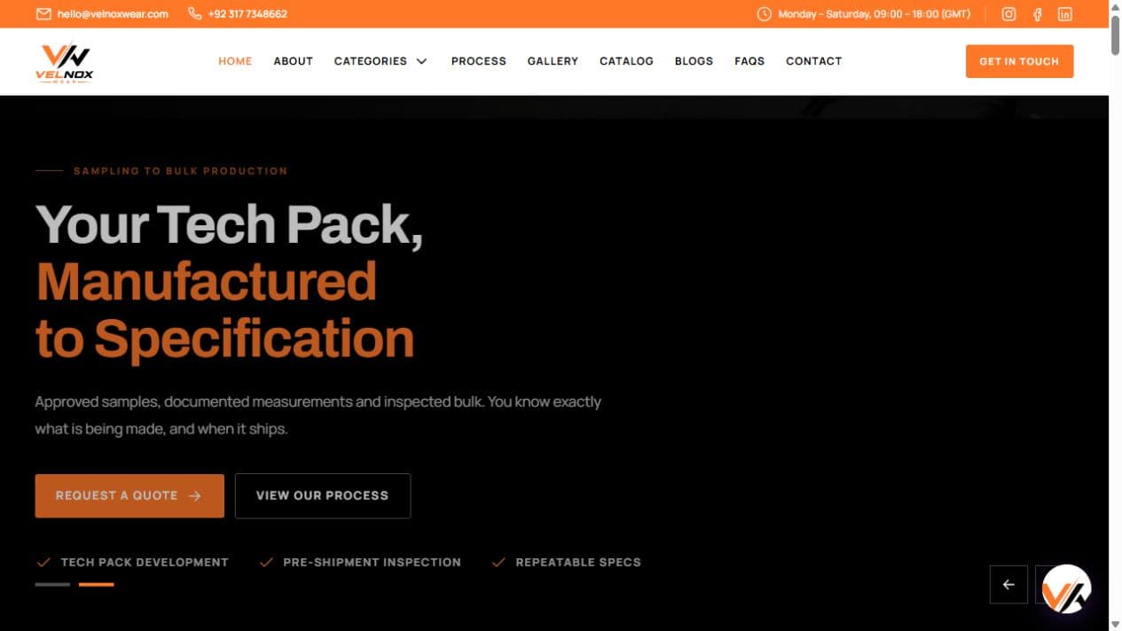 Screenshot of the Velnox Wear website