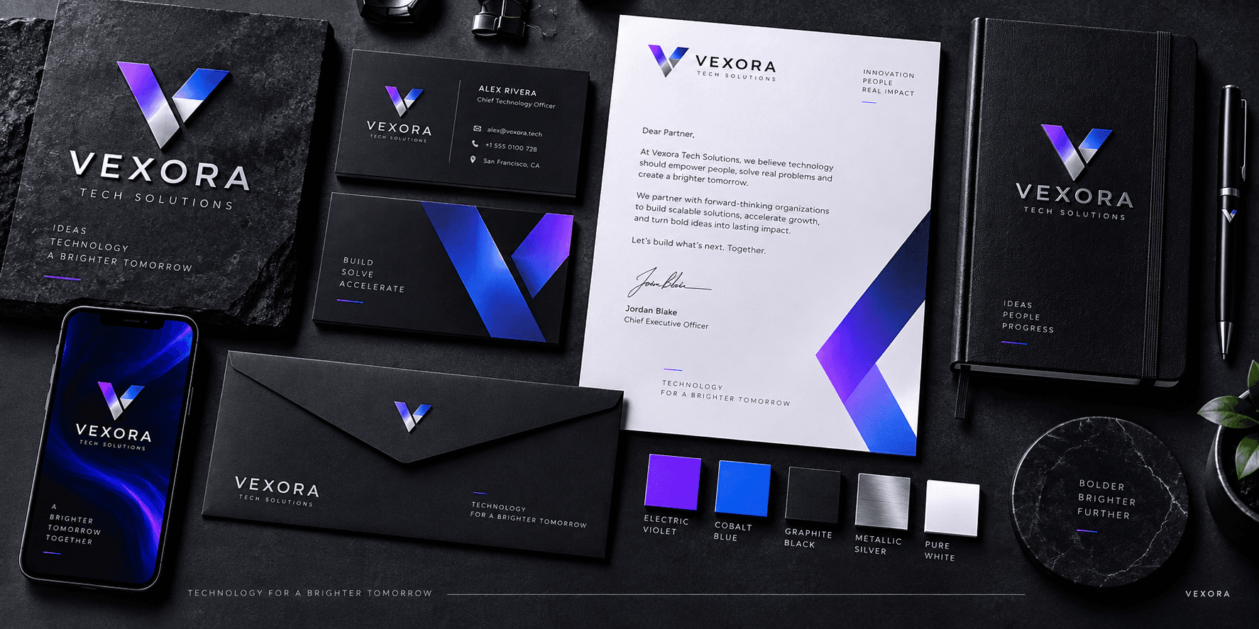 Vexora Tech Solutions branding with logo, stationery and brand colours